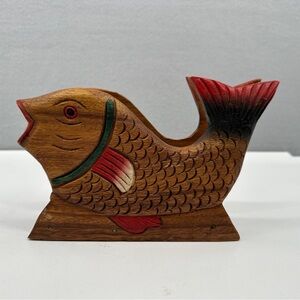 Vintage Hand Carved Painted Wooden Fish Napkin Mail Holder Fisherman Lake House